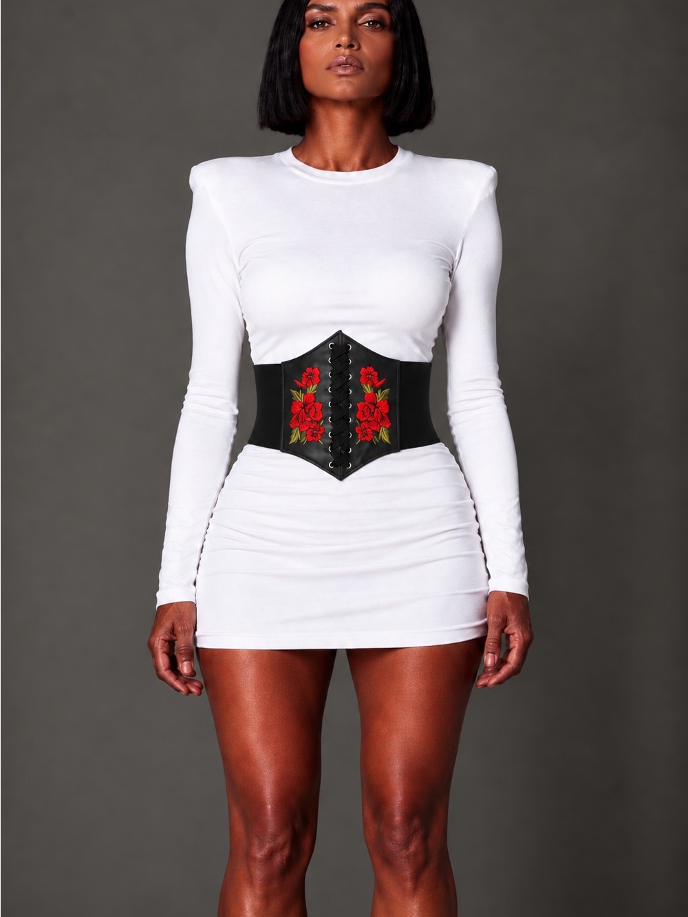 Black Lace-Up Waist Corset Belt with Red Floral Embroidery